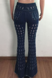 Black Fashion Casual Solid Hollowed Out High Waist Regular Jeans