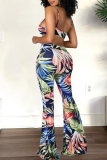 Tibetan Blue Sexy Print Hollowed Out Spaghetti Strap Boot Cut Jumpsuits