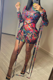 Black Sexy Print Mesh Turtleneck Pencil Skirt Dresses