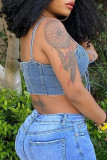 Blue Fashion Sexy Solid Bandage Backless Spaghetti Strap Tops