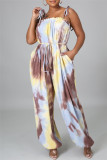 Brown Sexy Casual Print Tie Dye Strap Design Spaghetti Strap Regular Jumpsuits