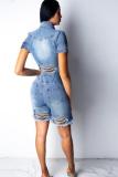 rose red Casual Fashion Solid Pocket Asymmetrical Button Short Sleeve Turndown Collar 