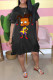 Black Street Short Sleeves O neck Lantern skirt Knee-Length Print Dresses