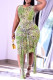 Green Fashion Sexy Print Asymmetrical O Neck Sleeveless Dress