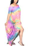 Orange Milk. Fashion adult Ma'am Street Cap Sleeve Short Sleeves O neck Princess Dress Floor-Length Print Tie and dye asymmetrical Dresses
