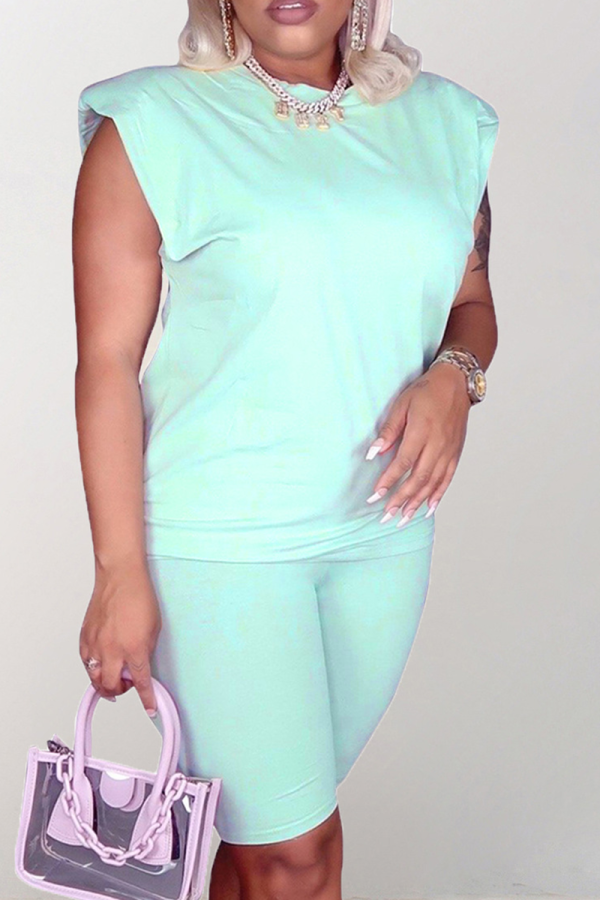 Green Casual Solid Patchwork O Neck Short Sleeve Two Pieces