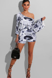 White Celebrities Fashion adult Two Piece Suits Patchwork Letter Print pencil Half Sleeve