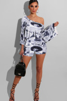 White Celebrities Fashion adult Two Piece Suits Patchwork Letter Print pencil Half Sleeve