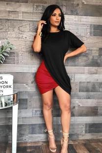 Red and black Casual adult Sexy Fashion Short Sleeves O neck Pleated Mini Solid Draped asymmetrical