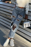 Blue Gray Street Solid Make Old Mid Waist Regular Denim