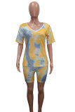 Dark Blue Fashion Sexy adult Patchwork Print Tie Dye Two Piece Suits Straight Short Sleeve Two Pieces