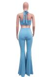 Blue Sexy Fashion adult Bandage backless Solid Two Piece Suits Boot Cut Sleeveless Two-piece P
