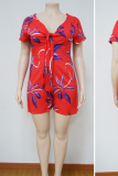Red Sexy Print Patchwork V Neck Plus Size Jumpsuits