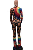 Gold venetian Fashion Active adult Ma'am Leopard Print Two Piece Suits Straight Long Sleeve Two Pieces