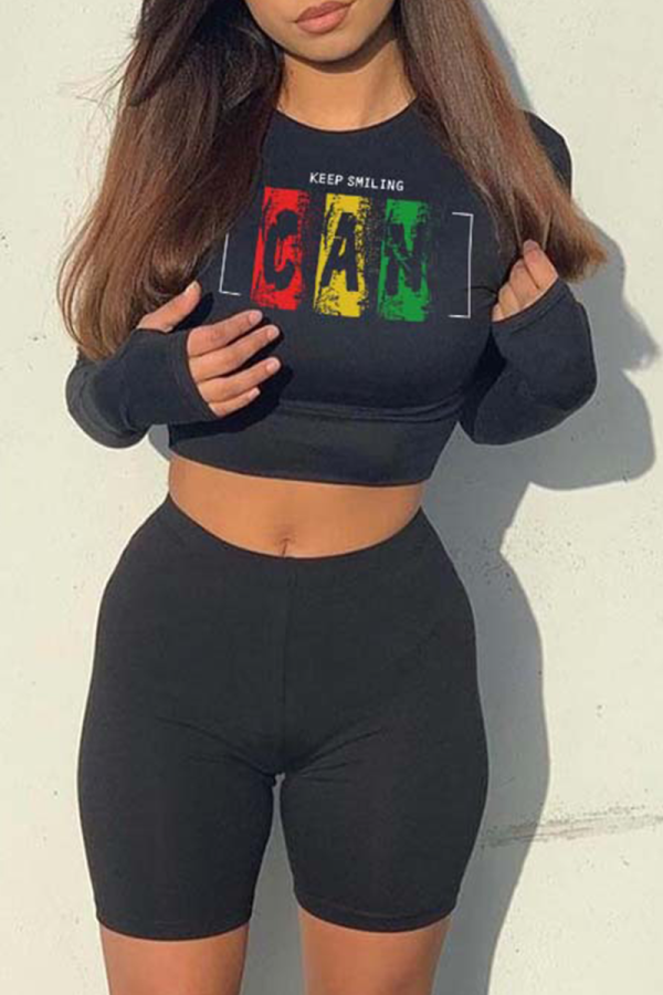 Black Sexy Print Patchwork O Neck Long Sleeve Two Pieces