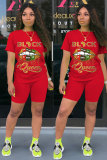 White Fashion Casual adult Letter Patchwork Two Piece Suits Lips Print Straight Short Sleeve Two Pieces