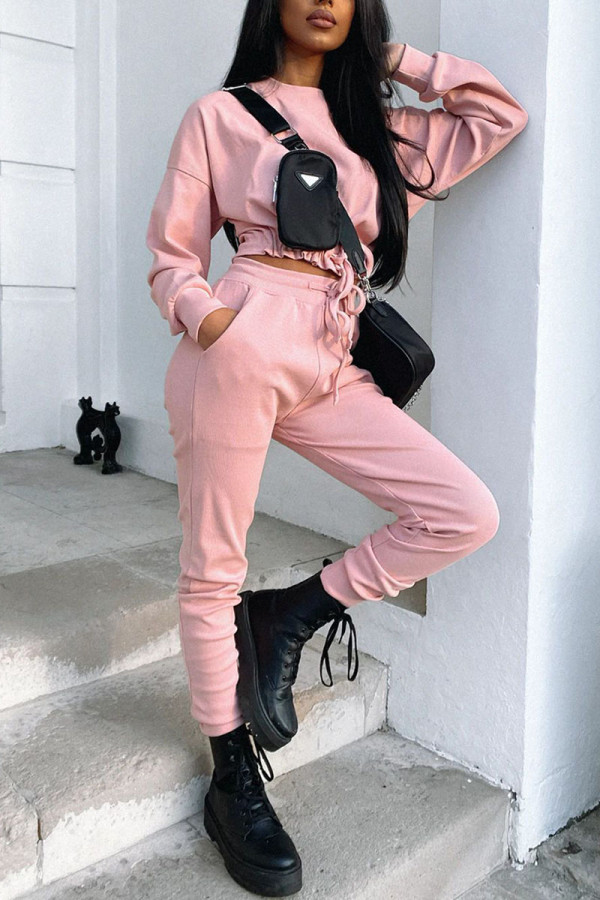 Pink Work Daily Solid Patchwork O Neck Long Sleeve Two Pieces