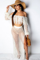 White Sexy Fashion tassel HOLLOWED OUT perspective Patchwork A-line skirt Long Sleeve