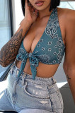 Red Fashion Sexy Print Bandage Backless Halter Tops