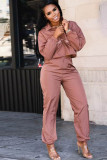 Deep pink Casual Two Piece Suits contrast color Solid Straight Long Sleeve Two-piece Pants Set