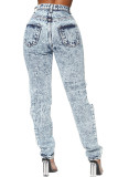 Grey Denim Zipper Fly Button Fly Mid washing Hole Zippered Pocket Skinny Pants Pants