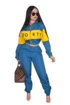 Blue Elastic Fly Long Sleeve Mid Letter Patchwork Straight Pants