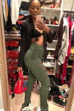 Black Drawstring Sleeveless Mid Patchwork Split Solid Hole Boot Cut Pants