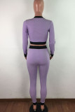 purple Street Geometric Patchwork O Neck Long Sleeve Regular Sleeve Short Two Pieces