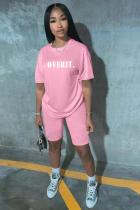 Pink Fashion adult Active Letter Print Two Piece Suits Patchwork Straight Short Sleeve Two-Pie