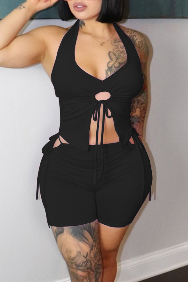 Black Fashion Sexy Solid Bandage Backless Halter Sleeveless Two Pieces