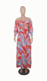 Red Sexy Print Patchwork Off the Shoulder Straight Dresses