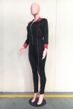 Black Casual Acetate Fiber Solid Zipper Collar Skinny Jumpsuits