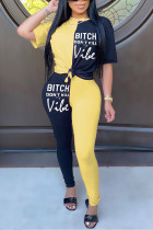Yellow Fashion Casual Letter Print Patchwork O Neck Long Sleeve Two Pieces