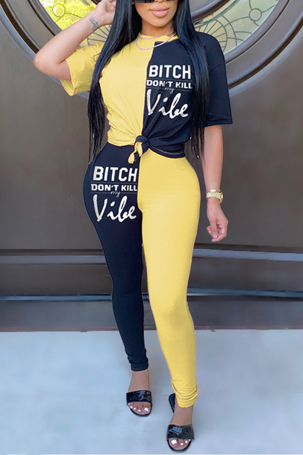 Yellow Fashion Casual Letter Print Patchwork O Neck Long Sleeve Two Pieces
