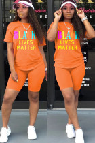 Orange Fashion Casual Letter Print Two Piece Suits Straight Short Sleeve Two Pieces