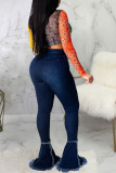 Blue Sexy Solid Ripped High Waist Boot Cut Denim