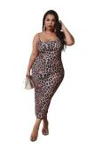 Brown Fashion Sexy adult Slip Leopard Patchwork Print Stitching Plus Size