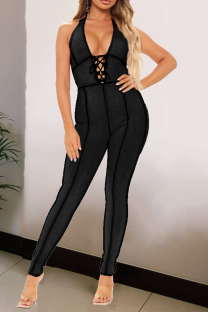 Black Street Solid Draw String V Neck Skinny Jumpsuits