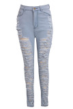 Baby Blue Sexy Solid Ripped High Waist Skinny Denim