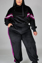 Black Casual Solid Hooded Collar Plus Size 