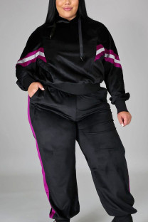 Black Casual Solid Hooded Collar Plus Size 
