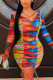 Blue British Style Print Tie-dye V Neck Wrapped Skirt Dresses