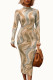 Green Sexy Milk Fiber Print O Neck Long Sleeve Ankle Length Pencil Skirt Dresses