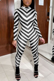 Red Sexy Striped Print O Neck Regular Jumpsuits