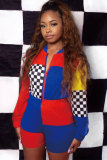 Multi-color Elastic Fly Long Sleeve Mid Patchwork Asymmetrical Loose shorts Two-piece suit
