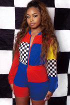 Multi-color Elastic Fly Long Sleeve Mid Patchwork Asymmetrical Loose shorts Two-piece suit