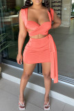 Pink Fashion Sexy Solid Bandage Backless Square Collar Sleeveless Two Pieces