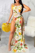 Yellow Sexy Print High Opening Square Collar Irregular Dress Dresses