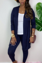 Blue British Style Print Solid O Neck Long Sleeve Long Two Pieces