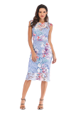 Light Blue Fashion Sexy Tank Sleeveless O neck A-Line Knee-Length Patchwork Print Club Dresses